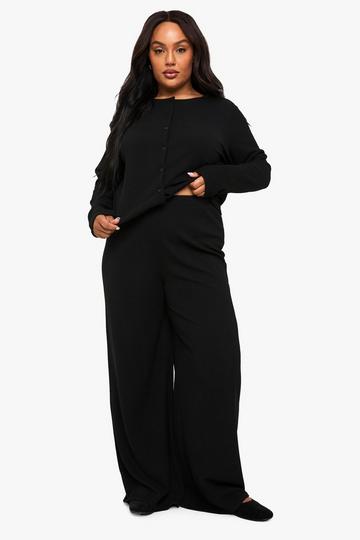 Plus Geribbelde Cardigan En Wide Leg Broek Set black_ecru