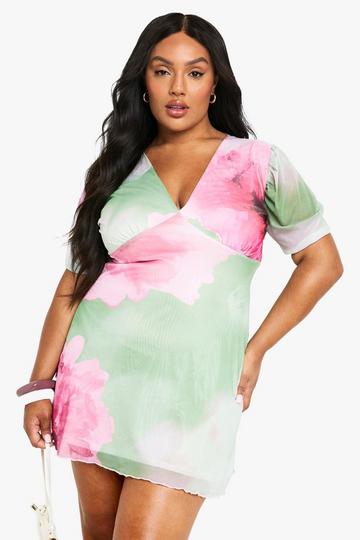 Plus Floral Mesh Puff Sleeve Mini Dress mint