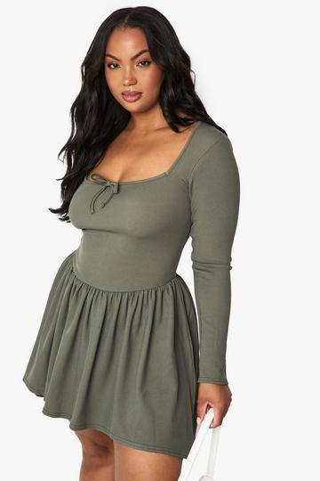 plus rib bow detail skater dress khaki