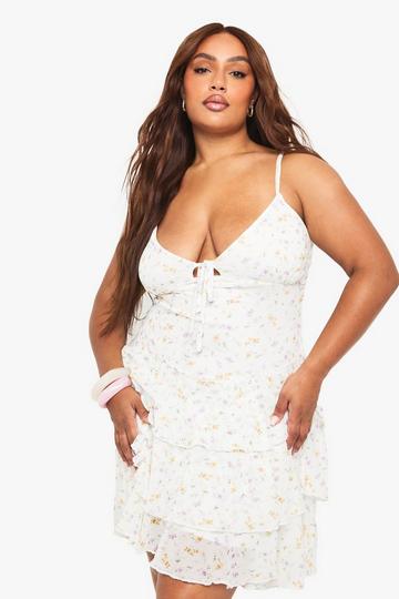 Plus Disty Mesh Tiered Skater Dress white