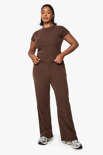 Plus Brushed Rib T- Shirt And Wide Leg Trouser Set chocolate