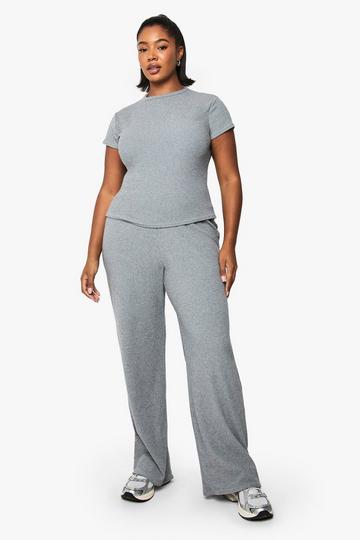 Plus Brushed Rib T- Shirt And Wide Leg Trouser Set grey marl