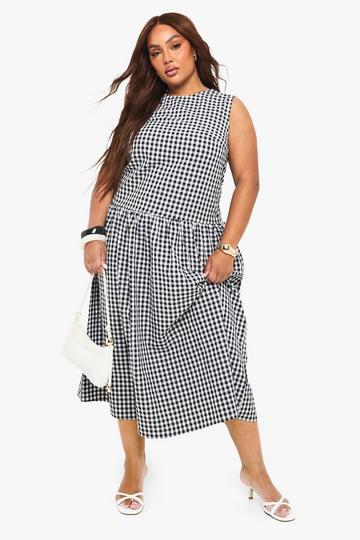 Plus gingham drop waist smock midaxi dress black