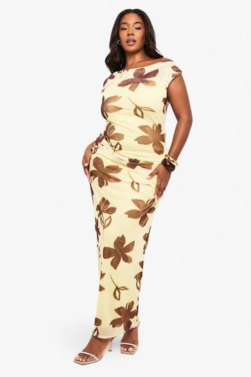 Plus floral rouched mesh maxi dress yellow