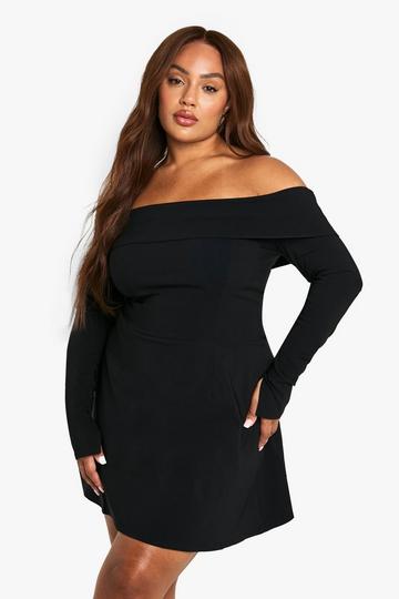 Plus Bengaline Off Shoulder Skater Dress black