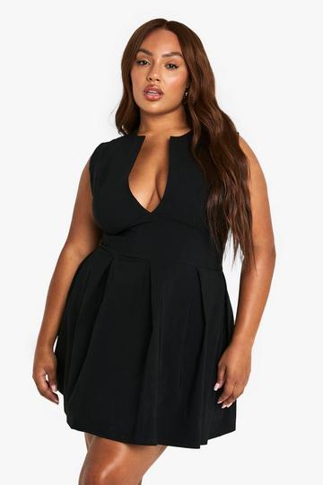 Plus Corset Detail Plunge Pleated Hem Dress black