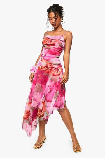 Floral Ruched Mesh Midi Dress pink