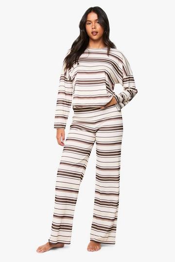 Loungewear Stripe Long Sleeve Top & Trousers Pyjama Set brown