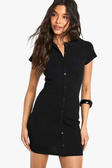 Rib Button Down Cap Sleeve Mini Dress black