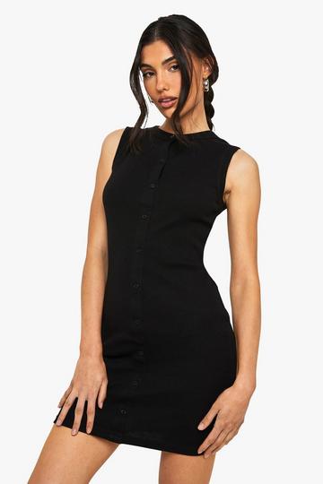 Rib Button Down Shift Dress black