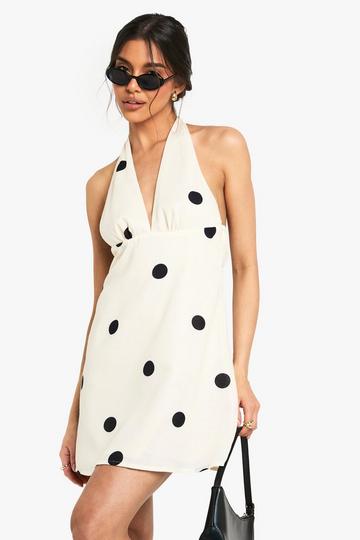 Large Polka Dot Linen Look Plunge Shift Dress natural