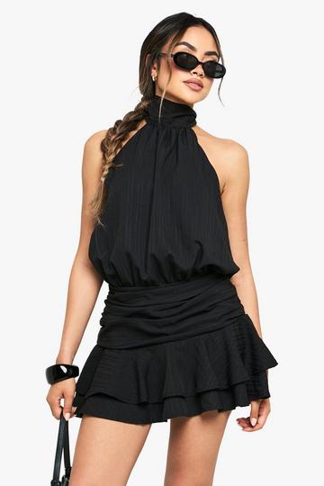 Textured Ruched Frill Skirt Halterneck Mini Dress black