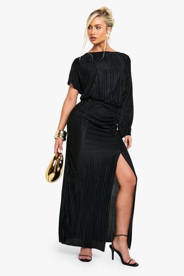Plisse Ruched Split Maxi Dress black