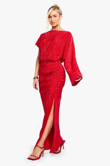 Plisse Ruched Split Maxi Dress red