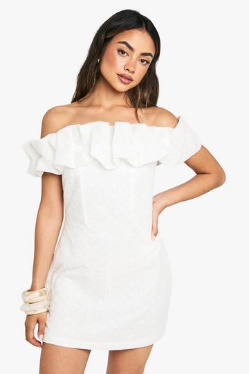 Broderie Ruffled Detail Bardot Mini Dress white