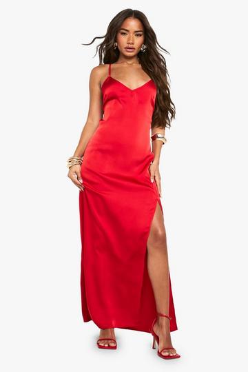 Satin Plunge Front Split Leg Maxi Dress red