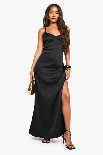 Satin Plunge Front Split Leg Maxi Dress black