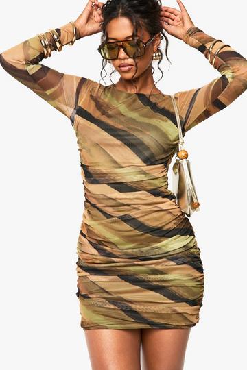 Abstract Mesh Ruched Mini Dress olive