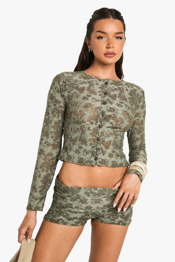 Floral Jacquard Button Through Long Sleeve Top khaki