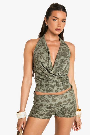 Floral Jacquard Fold Over Waistband Mini Short khaki
