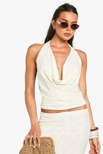 Bloemenprint Jacquard Top Met Kraag En Halter Neck cream