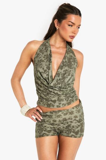 FLORAL JACQUARD COWL NECK HALTER TOP khaki
