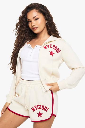 Ecru White NYC Applique Zip Hoodie and Short Tracksuit