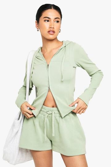 Geribbeld Trainingspak Met Hoodie Met Naaddetail En Shorts sage