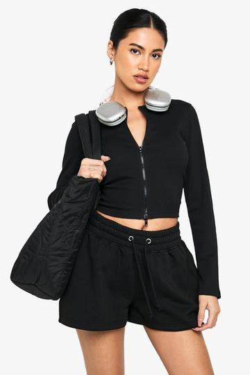 Double Zip Long Sleeve Rib Top And Short Tracksuit black