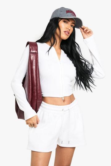 Double Zip Long Sleeve Rib Top And Short Tracksuit white