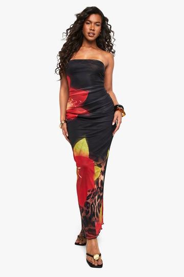 Floral Mesh Bandeau Maxi Dress black