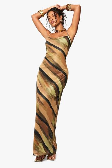 Abstract Mesh Strappy Maxi Dress olive