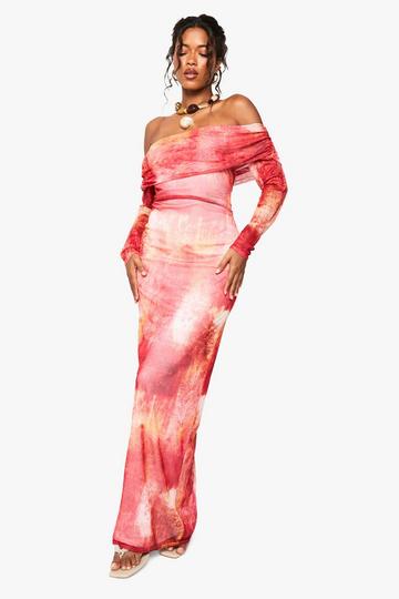 Blurred Abstract Bardot Maxi Dress pink
