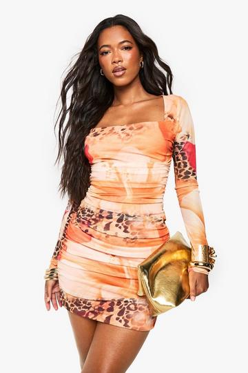 Leopard Mesh Square Neck Ruched Mini Dress brown