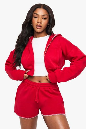 Contrast Stitch Zip Through Short Tracksuit red
