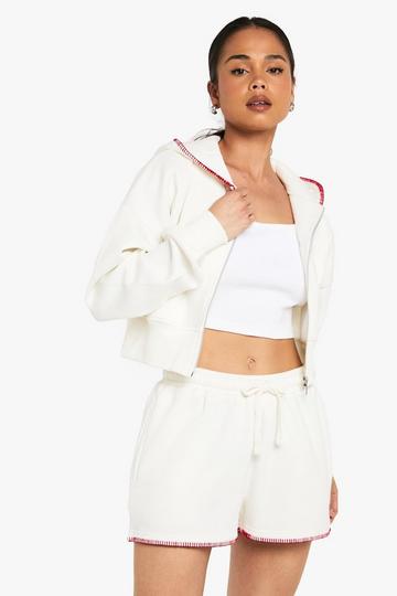 Contrast Stitch Zip Through Short Tracksuit ecru