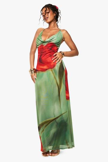 Mesh Floral Print Cowl Maxi Dress green