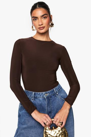 Double Layer Slinky Long Sleeve Crew Neck Bodysuit chocolate