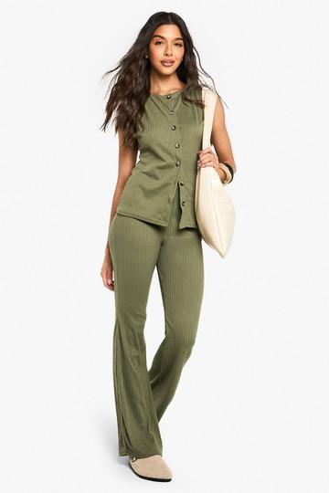 Rib Button Through Sleeveless Top and Trouser Set khaki