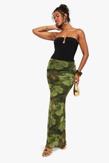 Floral Printed Mesh Maxi Skirt green