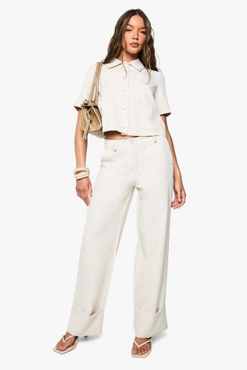 Ecru White Woven Turn Up Wide Leg Trousers