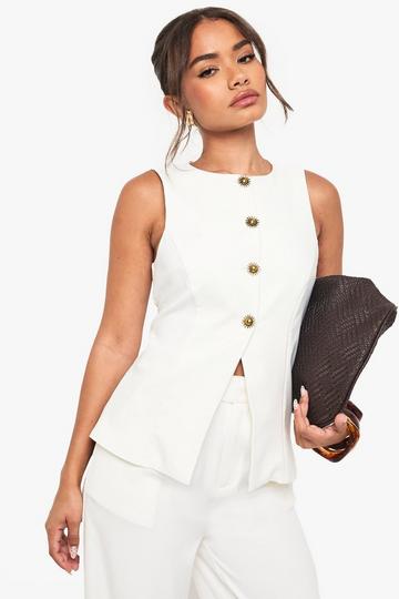 Sunshine Gold Trim Fitted Waistcoat white