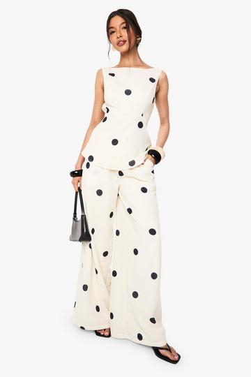 Cream White Polka Wide Leg Trousers