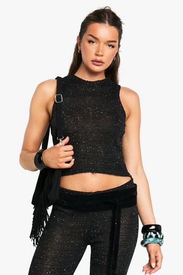 Sequin Knit Sheer Racer High Neck Knitted Top black
