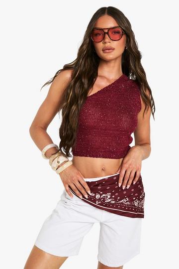 Sequin Knit Sheer Asymmetric One Shoulder Knitted Top burgundy