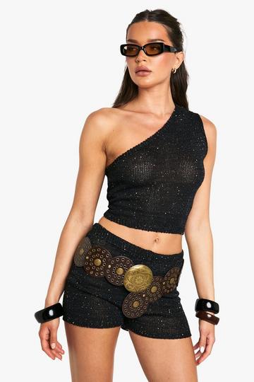 Sequin Knit Sheer Asymmetric One Shoulder Knitted Top black