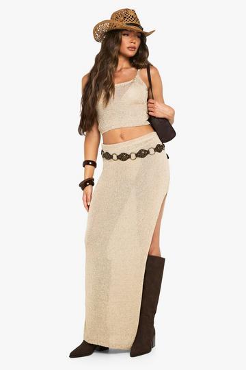 Sequin Knit Sheer Cami Top and Split Side Maxi Skirt gold