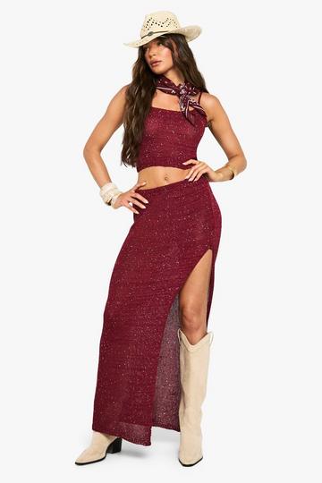 Sequin Knit Sheer Cami Top and Split Side Maxi Skirt burgundy