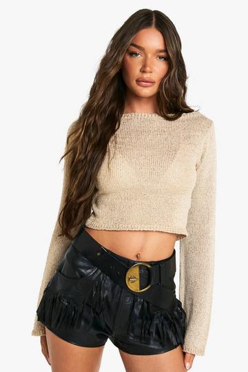 Sequin Knit Sheer Slash Neck Wide Cuff Knitted Top gold