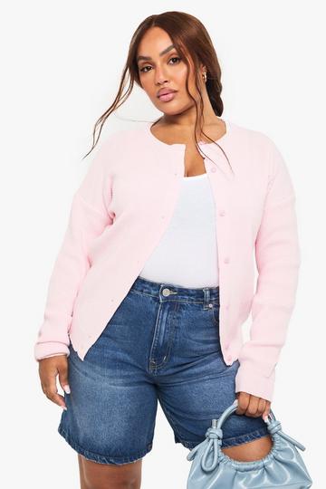 Plus Fine Gauge Crew Neck Cardigan baby pink